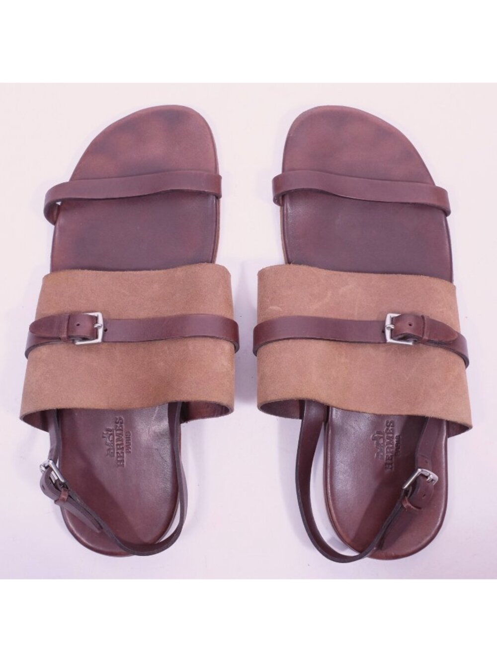 HERMES Tao sandals slides 43 US 10 leather brown silver buckles